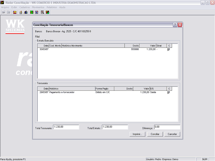 Conciliação manual de lançamentos.