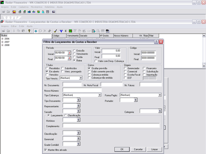 Filtros para localização de informações.