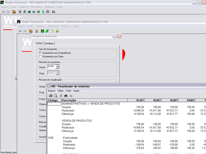 Relatório comparativo entre orçado/realizado com centro de custos.