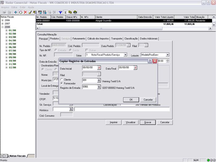 Atalho para cópia de registro de entradas.
