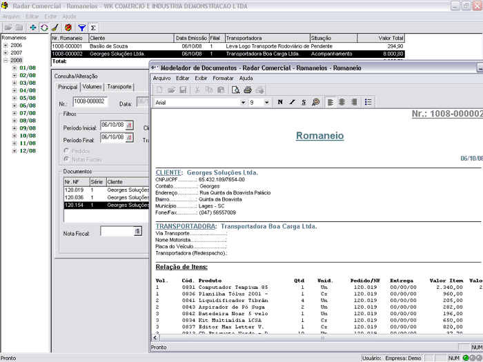 Controle de carga x volumes.