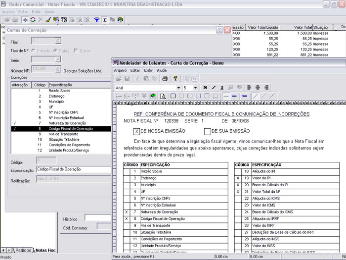 Emissão de carta de correção de nota fiscal.