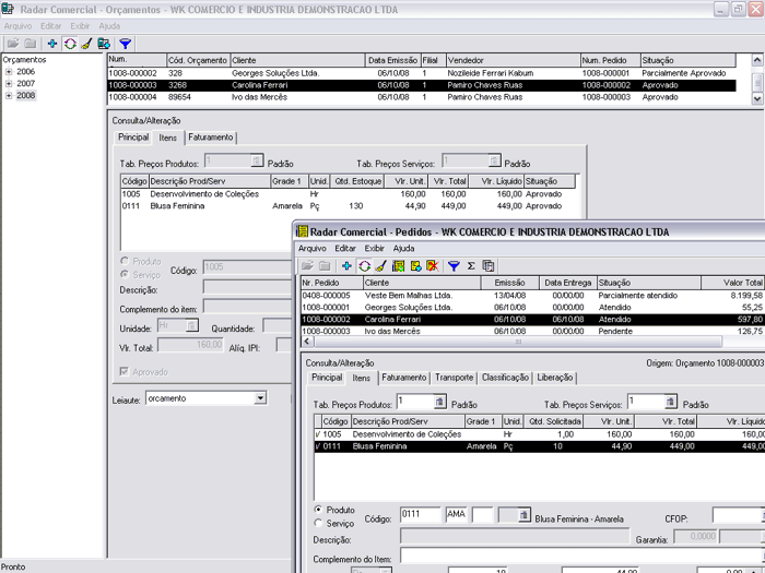 Gravação automática de pedido a partir de itens de orçamento aprovados.