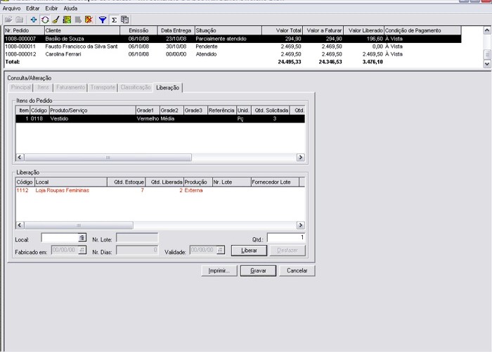 Liberação parcial/total de itens