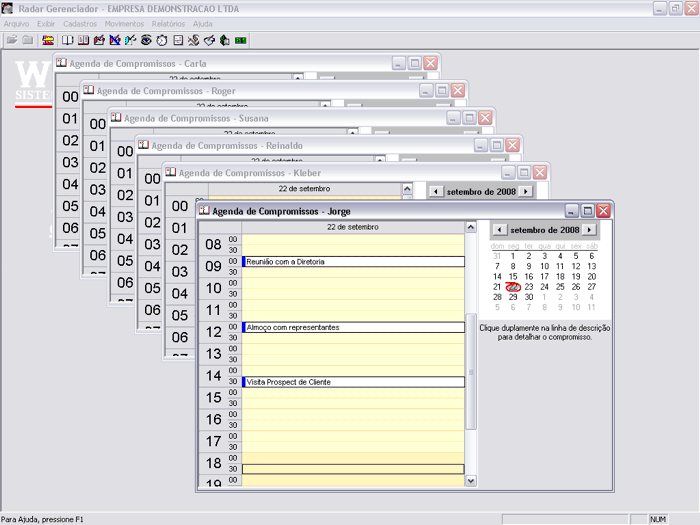 Agenda de compromissos com possibilidade de filtros por usuário.