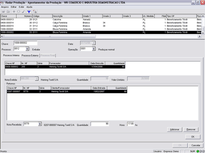 Controle de processos externos remetidos para industrialização