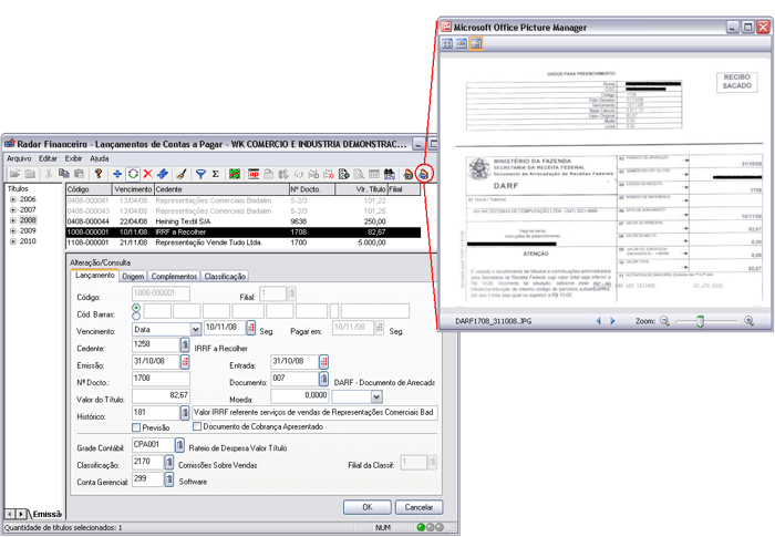 Consulta do documento na tela de contas a pagar
